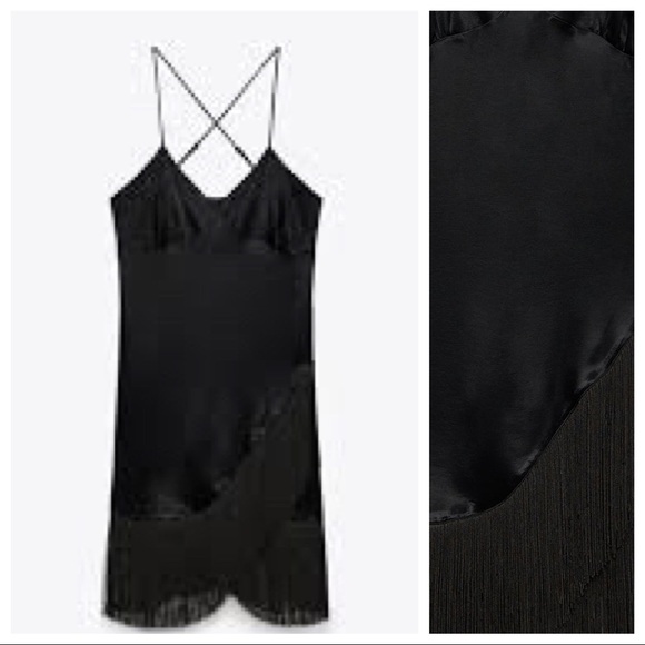 NWT. Zara Black Fringed Slip Casual Mini Dress. Size L. - Picture 5 of 10